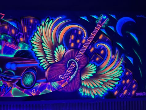 Music Wall Mural, Blacklight Room, Pub Wall Art, Pink Graffiti, Neon Graffiti, Uv Painting, Detroit City, Graffiti Lettering Fonts, Psy Art