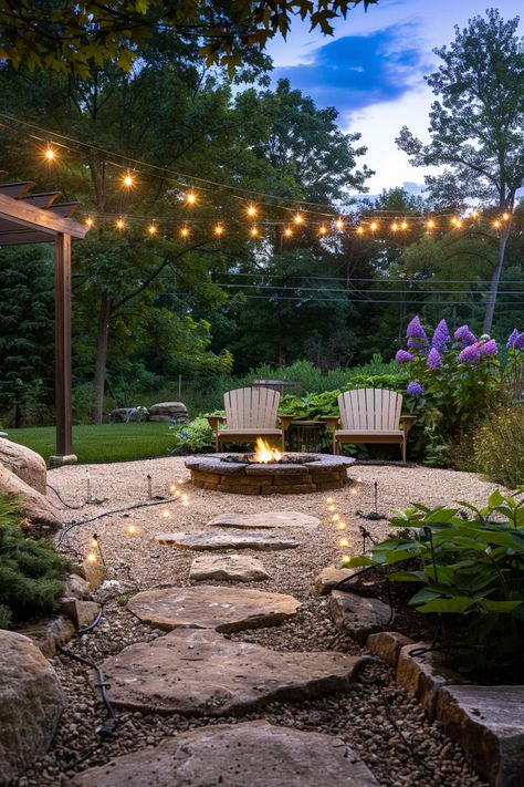 backyard firepits ideas for seating areas with pea gravel, chairs and string lights Fire Pit Pea Gravel, Gravel Seating Area, Seating Area Ideas, Chic Balcony, Outdoor Fire Pit Area, Fire Pit Seating Area, Pea Gravel Patio, Cottage Backyard, Outside Fireplace