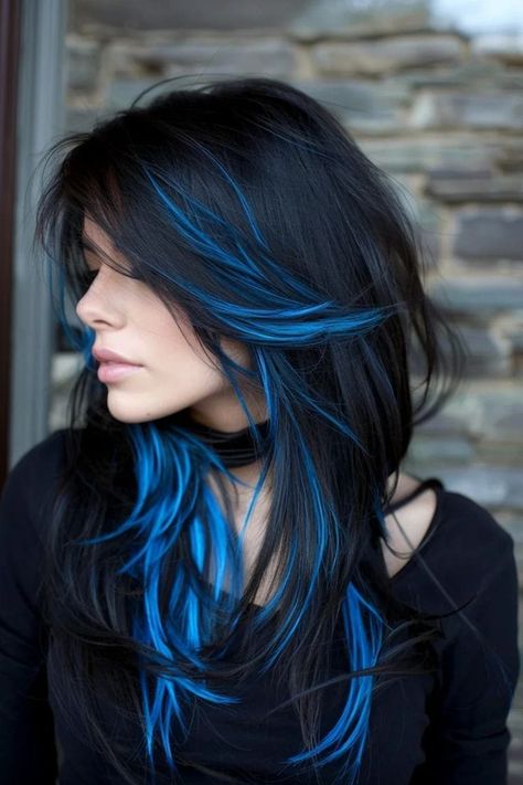 Highlighted Blue Hair, Female Hair Color Ideas, New Trending Hair Colors, Blue Frosted Tips Hair, Black And Blue Hairstyles, Unique Hair Ideas Color, Cool Hair Colors For Short Hair, Brown Blonde And Blue Hair, Creative Hair Dye Ideas