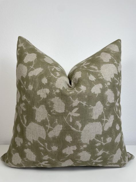 PRICES MAY VARY. 100% Linen Our Sage pillow cover features a creamy-beige floral pattern on a sage-green background on super soft linen. All our pillows are handmade with intricate hand block printing on 100% organic linen front and 100% organic cotton duck-canvas reverse. Inserts not included; recommend going up 2" for a full look (eg, 20x20 cover fits a 22x22 insert perfectly). DRY CLEAN only; iron at medium setting if necessary. Slight variations and small imperfections that comes with handma Small Green Pillow, Transitional Pillow Covers, Beige Couch Green Pillows, Soft Autumn Home Decor, Modern Grandma Decor, Sage Green Apartment, Couch With Throw Pillows, Blue And Green Pillows, Sage Green Pillows