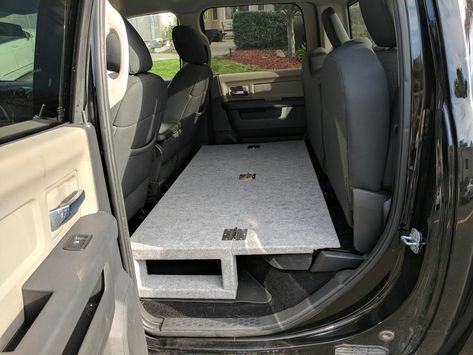 Pickup Truck Bench - Album on Imgur Diy Backseat Bed, Truck Living Pickup, Vehicle Organization Truck, Backseat Bed Diy, Truck Storage Ideas, Truck Back Seat Storage, Truck Bed Sleeping Platform, Truck Backseat Dog Platform, Subaru Outback Bed