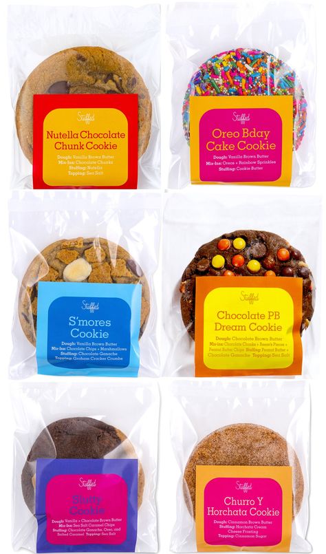 Stuffed is an online cookie company that sells a wide variety of uniquely flavored cookies that are filled with gooey centers such as Nutella, caramel, peanut butter, and more! Cookies Cute Packaging, Gourmet Cookie Packaging, Nyc Cookies Packaging, Cookies For Business, Edible Cookie Dough Packaging, Desserts For Gifting, Cookie Flavors List, Sell Cookies From Home, Selling Cookies Packaging