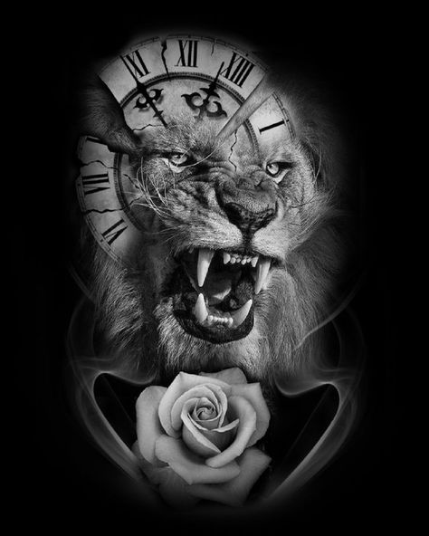 Lion Rose Tattoo, Lion And Rose Tattoo, Jungle Woman, Clock And Rose Tattoo, Compass Clock, Watch Tattoo Design, Clock Tattoo Design, Lion Drawing, Cool Arm Tattoos