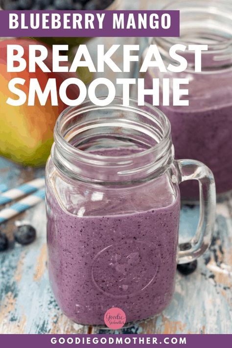 Perfect for busy mornings, this blueberry mango breakfast smoothie with oats is a great way to start the day! This smoothie is easy to make and oh so healthy. Add a little protein powder and you're set.  Can be made dairy free. * Recipes on GoodieGodmother.com #breakfastideas #easyrecipes #foodideas #easyrecipe #smoothierecipe Mango Breakfast, Busy Morning Breakfast, Blueberry Mango, Banana Apple Smoothie, Detox Breakfast, Oatmeal Smoothie Recipes, Oat Smoothie, Smoothie Packs, Smoothie Prep