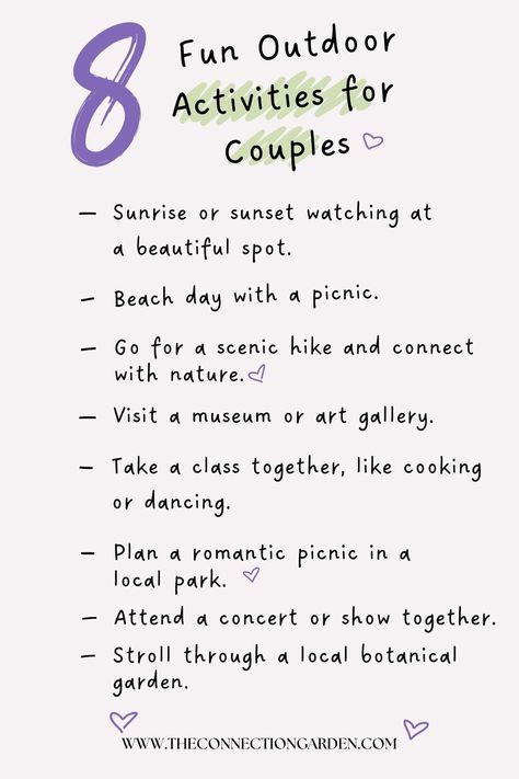 Explore the outdoors with your partner through our 8 Fun Outdoor Activities for Couples. Perfect for those seeking adventure and connection. Check out our blog for these and more engaging, relationship-enriching ideas. #couplestherapy #relationshipadvice #conflictresolution #personalgrowth #selfimprovement #relationshiptools #healthyrelationships #deepconversationstarters #emotionalintimacy #relationshipgrowth #relationshipgoals #Deeperconversationstarters💟#LoveStory #RomanticEncounters #HeartfeltConnections #DateNightIdeas #SoulmateSearch #FlirtyFridays #CandlelitDinners #StarryEyedMoments #LoveQuotes #DreamyDates #WhisperedPromises #AmourAdventures Relationship Exercises For Couples, Free Activities For Couples, Couples Activity Ideas Relationships, Couple Content Ideas, Summer Couple Activities, Summer Activities Couples, Summer Activities For Couples, Couples Ideas Activities, Couples Activity Ideas