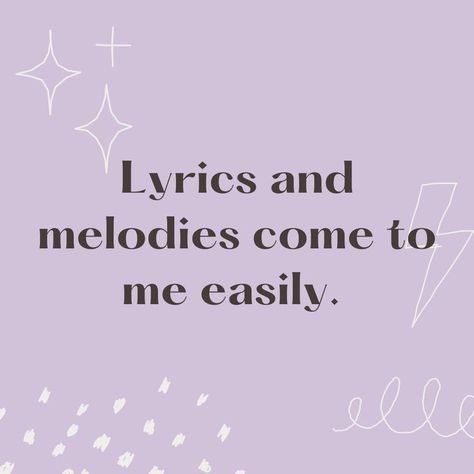 A purple background with the text overlay, "Lyrics and melodies come to me easily." Affirmation Quotes Career, Rapper Affirmations, Manifesting Music Career, Piano Affirmations, Guitar Affirmations, Beautiful Singing Voice Affirmations, Singing Career Vision Board, Pretty Voice Affirmation, Music Career Affirmations