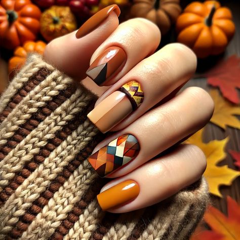 Fall nails!  These fall colors are so cool!  Brush Strokes: Use random brush strokes in fall colors on a nude base for an artsy look. Geometric Shapes: Incorporate geometric shapes with fall shades for a modern twist. Nail Brushes, Brush Strokes, Geometric Shapes, Fall Colors, Twist, Nails, Color