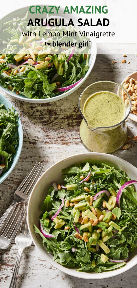 Arugula Salad with Lemon Mint Vinaigrette - The Blender Girl Arugula Salad Dressing, Cashew Dressing, Arugula Recipes, Spicy Cashews, Arugula Salad Recipes, Medicine Tips, Salad With Lemon, Vegan Salads, Mint Salad