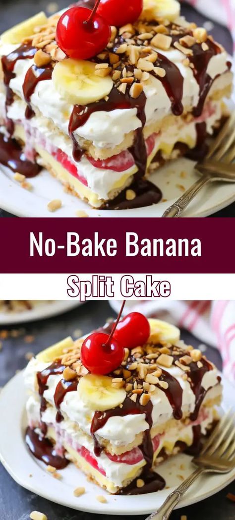 No-Bake Banana Split Cake - Quick & Easy Dessert No Bake Banana Split Cake, Banana Split Cake Recipe, Puding Pisang, Split Cake, Banana Split Cake, Banana Split Dessert, Banana Dessert Recipes, Homemade Baking, Baking Desserts