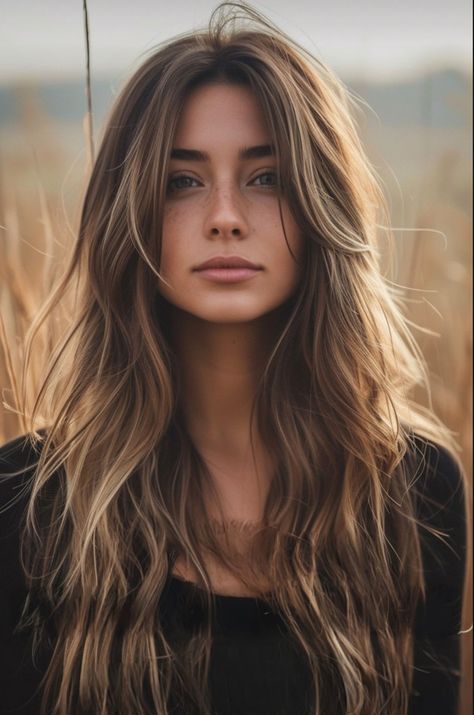 Long Haircut Textured Layers, Layered Long Hairstyles Straight, Long Layers And Angles Haircuts, Light Brunette Curtain Bangs, Choppy Long Layered Haircuts Face Framing Medium, Women’s Long Layered Haircut, Brunette Model Aesthetic, Layered Long Hair Unstyled, Super Long Hair With Curtain Bangs