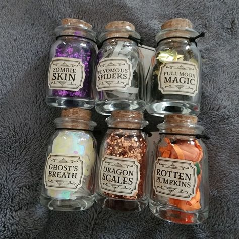 Brand New Potion Bottles Filled With Fun Decor. Can Be Used For Tier Tray,Coffee Tray,Decor. Potion Bar Ideas, Halloween Potion Bottles Display, Diy Halloween Potion Bottles Ideas, Halloween Potions Display, Mini Potion Bottles Diy, 1800s Apothecary, Halloween Apothecary Display, Sigil Ideas, Coffee Tray Decor