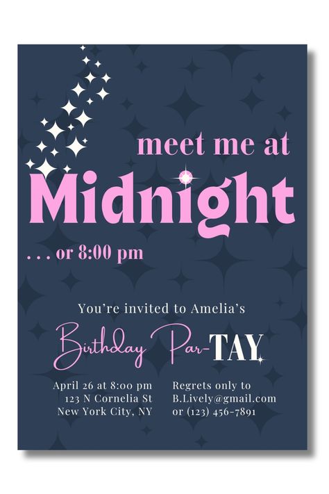 Meet me at midnight (or, let's be honest: closer to 7pm) for a Taylor Swift-themed birthday party! Perfect for all Swifties, this Taylor Swift birthday invitation will set the tone for an enchanted evening celebrating Tay-Tay’s eras. Best believe your guests will be bejeweled in their finest Eras Tour-inspired costumes. Who knows — they may even make the whole place shimmer under a mirrorball. Are you ready for it? Bejeweled Taylor Swift Party, Taylor Swift Birthday Party Invitations, Taylor Swift Birthday Invitations, Prom Poster, Taylor Swift Birthday Party, Prom Posters, Inspired Costumes, Taylor Swfit, Taylor Swift Birthday Party Ideas