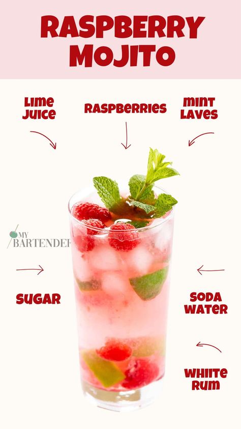 Raspberry Drinks, Mojito Flavors, Raspberry Mojito Recipe, Traditional Mojito Recipe, Mojito Recipe Classic, Raspberry Drink, Raspberry Mojito, Raspberry Cocktail, Summer Drinks Alcohol