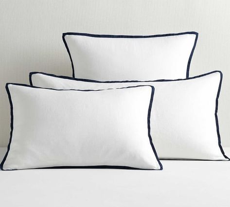 Belgian Flax Linen Contrast Pillow Shams - White & Midnight | Pottery Barn Flax Weaving, Textile Manufacturing, Wall Candle Holders, Euro Sham, Euro Shams, White Set, Linen Duvet, Hotel Decor, Elephant Design