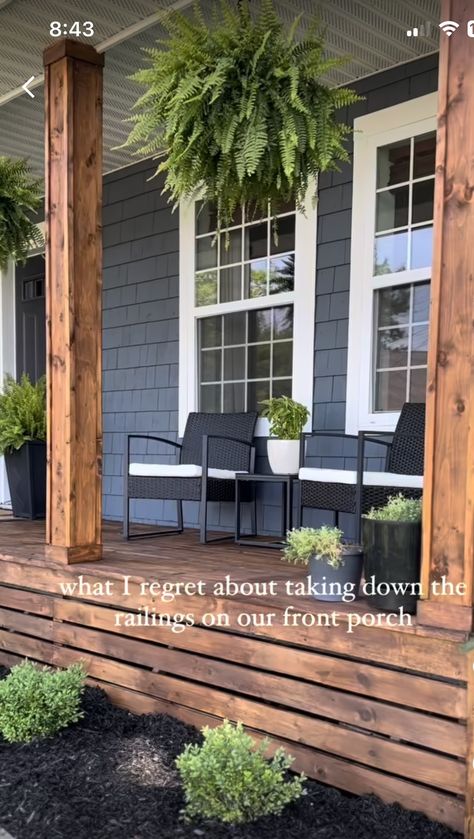 Stained Wood Railing Front Porches, Porch Beam Stain Colors, Cedar Porch Post Stain Colors, Front Porch Railing Ideas Farmhouse Wood, Deck Stain Blue House, Covered Porch Ideas, Front Porch Columns, Front Porch Railings, Diy Porch Swing