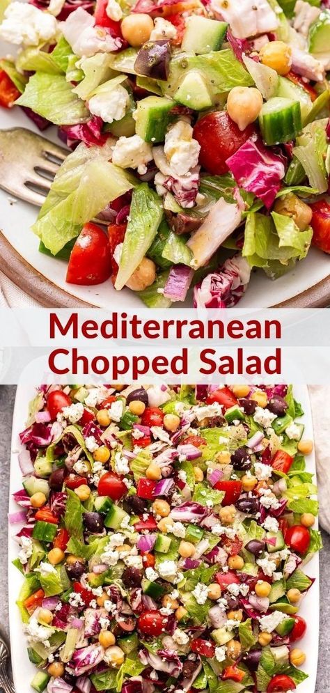 Mediterranean Chopped Salad features romaine, cucumbers, peppers, tomatoes, chickpeas, kalamata olives, and feta all tossed in a red wine vinaigrette. Runner Recipes, Mediterranean Chopped Salad, Family Salad, Recipe Runner, Shredded Brussel Sprout Salad, Chopped Salads, Carb Sides, Med Diet, Mediterranean Meals