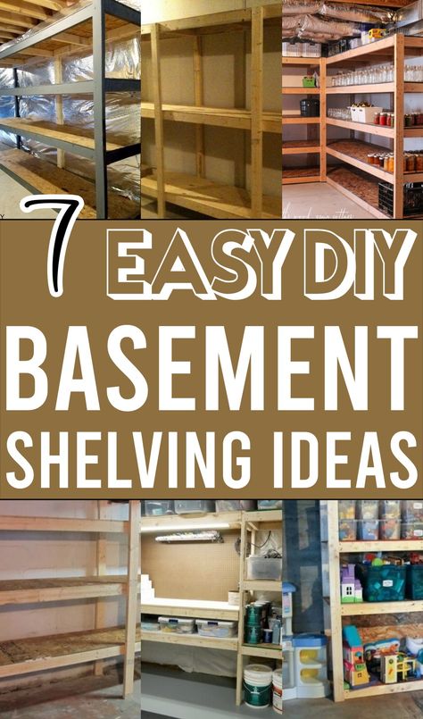 7 DIY Basement Shelving Ideas For Storage - The Newlywed Basement Shelving Ideas Diy, Basement Shelving Storage, Shelves In Basement For Storage, Shelving For Basement Storage, Organization Ideas For The Basement, Basement Storage Shelving, Unfinished Basement Storage Organization, Basement Shelf Wall, Diy Basement Shelves