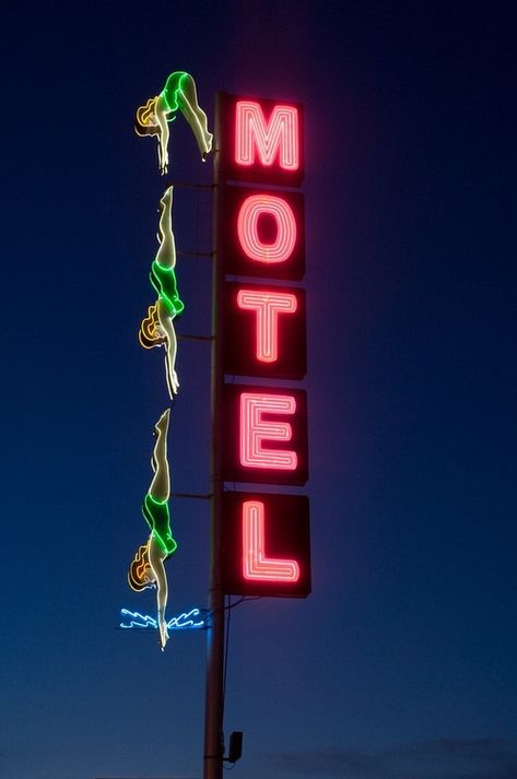 Iconic diving lady neon sign (recently restored) on the Starlite Motel, Mesa, AZ Old Neon Signs, Motel Sign, Retro Signage, Vintage Neon Signs, Neon Nights, Retro Sign, Hotel Motel, Old Signs, Mesa Az