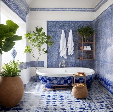 blue and white interior design Santorini Interior Design Bathroom, Greek Interior Design Bathroom, Greek Island Bathroom, Greek Blue Bathroom, Portugal Tiles Bathroom, Greece Style Bathroom, Greek Home Decor Interior Design, Blue And White Interior Design, Greek Bathroom