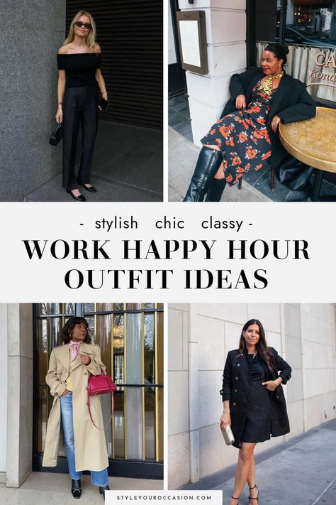 Wondering what to wear to happy hour? This list of chic happy hour outfit ideas is perfect for women who want a nice work happy hour outfit that is classy, or a casual happy hour outfit for the weekend or vacation. See outfits for spring, summer, fall, and winter, no matter your body type - from petite to plus size, you’ll love these looks! Work Dinner Outfit Night, Work Happy Hour Outfit, Day To Night Outfit Summer, Happy Hour Outfit Summer, After Work Drinks Outfit, Work Dinner Outfit, Day Drinking Outfit, Outfit Ideas For Work, Drinks Outfits