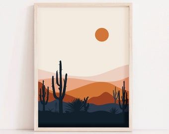 Cactus print | Etsy SG Desert Landscape Art, Southwestern Wall Art, Fotografi Digital, Soyut Sanat Tabloları, Desert Art, Hur Man Målar, Hotel Bar, Sunset Art, Mid Century Modern Art