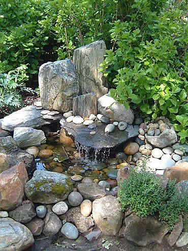 Restful Garden Water Feature -  I sure like this...going to try it this spring. Garden Design Pictures, Taman Air, Zen Garden Design, Garden Water Feature, Small Pond, Sloped Backyard, Garden Waterfall, Rock Garden Design, Pond Waterfall