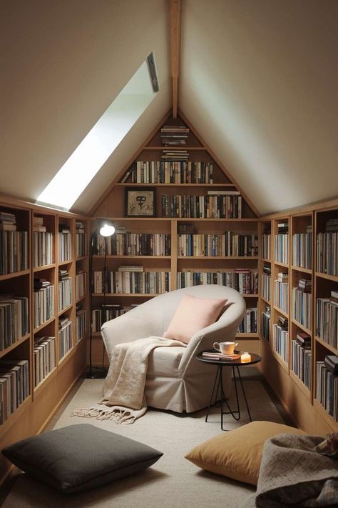 Attic Loft Designs for Low Ceilings and Small Spaces Loft Shelving Ideas, Second Floor Loft Ideas, Attic Library Sloped Ceiling, Small Loft Office, Attic Office Ideas Sloped Ceiling, Cozy Loft Ideas, Low Ceiling Loft, Low Attic Bedroom Ideas, Attic Lounge Ideas