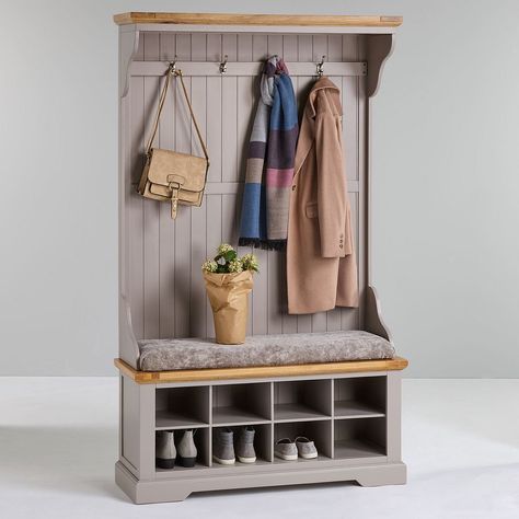 Grey Hallway Stand | Grey Hall Tidy - Truffle Fabric | Oak Furnitureland Coat Hooks And Shoe Storage, Boot Room Coat Storage, Cloakroom Ideas Coats, Boot Cupboard, Hallway Seating Ideas, Shoe And Coat Storage Entryway, Entrance Hall Storage, Coat Stand Hallway, House Entrance Hall