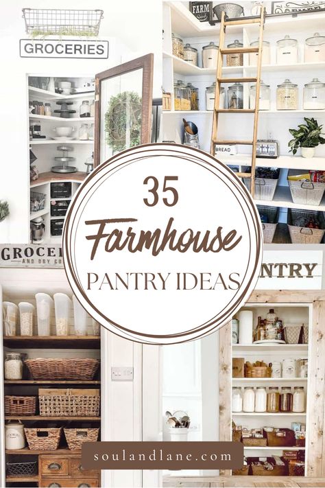 Dive into the world of farmhouse pantry organization where style meets practicality, ensuring your kitchen remains clutter-free and utterly charming. Imagine open shelving units lined with matching wicker baskets, labeled glass jars that display your ingredients beautifully, and wooden crates for bulk items, all contributing to an aesthetically pleasing and organized space. Integrate a sliding barn door to conceal your pantry, combining rustic appeal with space-saving functionality. Farmhouse Pantry Storage, Farmhouse Kitchen With Pantry, What To Store In Pantry, Large Pantry Organization Ideas, Farm Pantry, Pantry Farmhouse, Farmhouse Kitchen Storage Ideas, Pantry Shelf Organization Ideas, Country Pantry Farmhouse Style