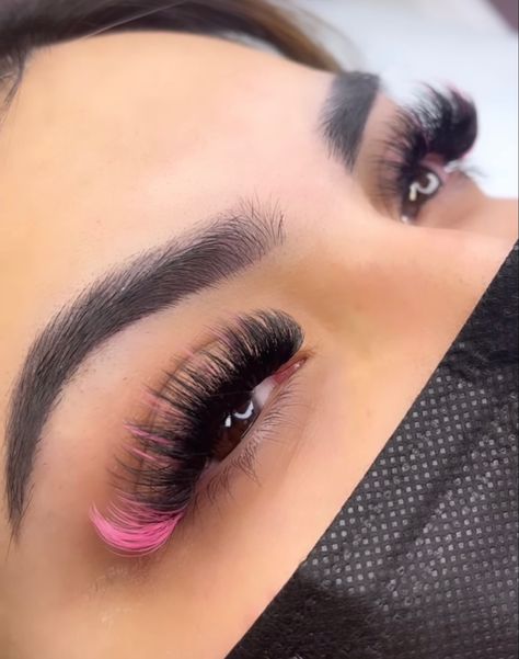 Color In Eyelash Extensions, Eye Lash Extensions With Pink, Lashes Extensions With Pink, Eyelashes Extensions With Color, Color In Lash Extensions, Wispy Hybrid Lash Extensions With Color, Mink Lash Extensions Styles, Feathered Eyelash Extensions, Pink Hybrid Lashes