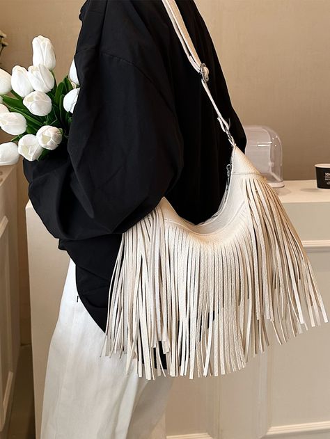 Beige  Collar  PU Leather   Embellished   Women Bags Fringe Bag Outfit, Fringe Decor, Hobo Bag Patterns, Brown Crossbody Bag, Beige Bag, Fringe Bags, Boho Bags, Luxury Designer Handbags, Tassel Bag