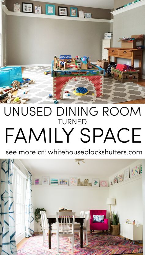 unused dining room turned family space Ideas For Unused Dining Room, Double Duty Dining Room, Dining Room Playroom Combo Ideas, Dining Playroom Combo, Dining Room Transformation Ideas, Alternative Dining Room Uses, Turn Dining Room Into Sitting Room, Dining Room Playroom Conversion, Dining Room Repurpose Ideas