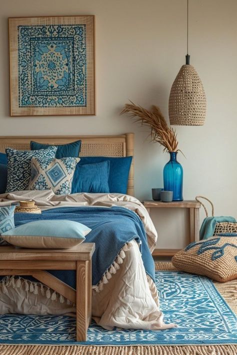 Blue Boho Bedroom Ideas, Blue Boho Bedroom, Bedroom Schemes, Boho Bedroom Ideas, Neutral Room, Bohemian Aesthetic, Simple Room, Bedroom Refresh, Blue Rooms