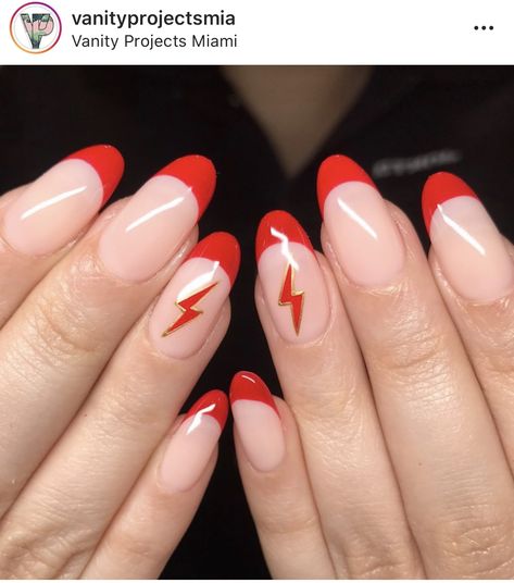 Red Lightning Bolt Nails, Red Lightning Nails, Lightning Bolt Nail Art, Lightening Bolt Nail Design, Nails With Lightning Bolt, Lightning Mcqueen Nails, Lightening Nails, Lightning Nail Art, Australia Nails