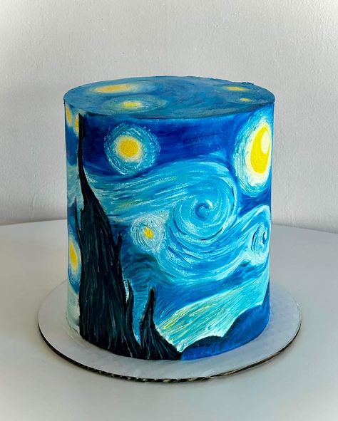 Van Gogh Cake Birthday, Bolo Van Gogh, Van Gogh Cake, Starry Night Cake, Gogh Cake, 17 Birthday Cake, Buttercream Cake Designs, Cake Decorating Frosting, Simple Birthday Cake