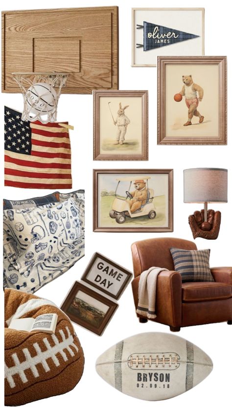 Vintage Sports Bedroom, Vintage Sports Room, Vintage Nursery Boy, Sports Room Boys, Sports Nursery Theme, Boy Nursery Themes, Sport Bedroom, Big Boy Bedrooms, Big Kids Room