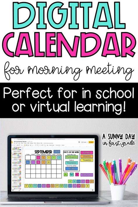 This interactive digital calendar is perfect for in school and distance learning! Kindergartener and first grade students will love the colorful, moveable pieces.  Perfect for morning meeting or your math block! First Grade Calendar, Kindergarten Calendar, Digital Learning Classroom, Kindergarten Anchor Charts, Morning Meeting Activities, Interactive Calendar, Calendar Math, Teacher Freebies, Math Blocks