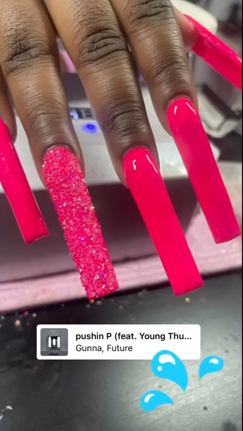 Hot Pink Nails Acrylic Long, Neon Pink Nails With Glitter, Pink Long Nails, Hot Pink And Black Nails Acrylics Long, Red And Pink Nails, Hot Pink Acrylic Nails, Long Pink Glitter Acrylic Nails, Extra Long Pink Nails, Hot Pink Xl Acrylic Nails