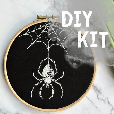 Spooky Embroidery Patterns Free, Insect Embroidery Patterns, Raven Embroidery Pattern, Horror Embroidery Patterns, Bat Embroidery Pattern, Hand Embroidery Patterns Free Templates, Spider Cross Stitch, Edgy Embroidery, Black On Black Embroidery