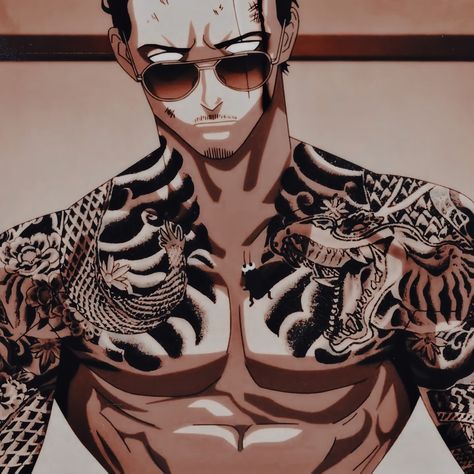 Chest Anime Tattoo, Anime Guy Tattoo, Househusband Anime, Anime Characters With Tattoos, Ways Of The Househusband, Tattooed Anime Guys, The Way Of The Househusband, Yakuza Anime, Husband Tattoo