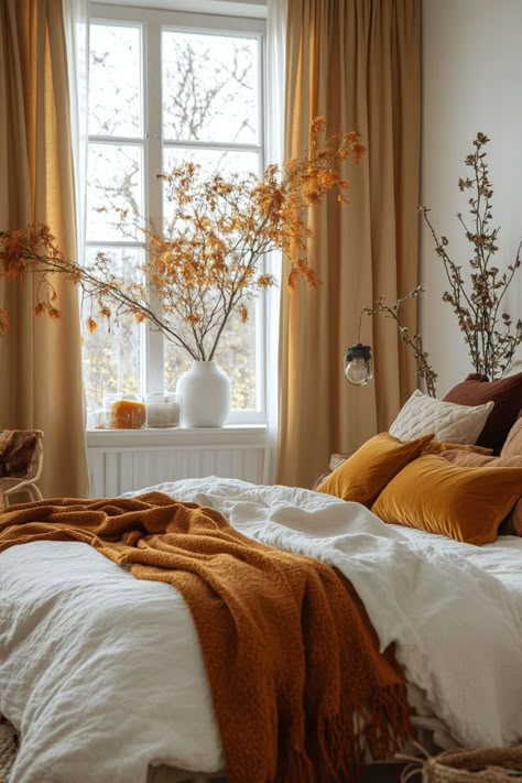 Fall-inspired bedroom decor featuring heavy curtains in seasonal colors. Rusty Orange Bedroom, Orange Room Decor, Warm Color Palettes, Orange Rooms, Fall Bedroom Decor, Cosy Interior, Aesthetic Bedroom Decor, Orange Sofa, Plush Bedding