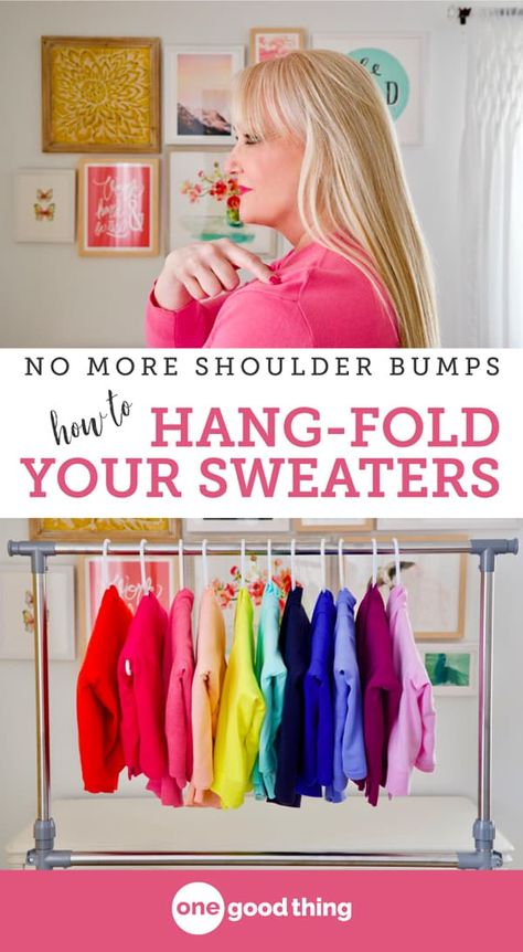 How To Hang Shirts To Save Space, How To Hang Sweatshirts, How To Hang Tee Shirts In Closet, Hanging T Shirts In Closet, How To Hang Hoodies On Hangers, Clothes Hanging Hacks, How To Hang Hoodies, How To Hang Cardigans On A Hanger, How To Hang Sweaters