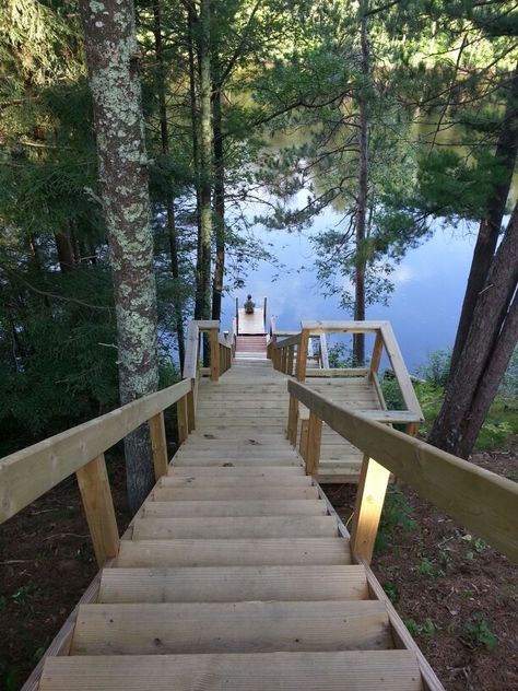 Stairs Down To Lake, Penobscot Maine, Hillside Deck, Lake Deck, Beach Stairs, Lake Landscaping, Landscape Stairs, Wooden Path, Backyard Walkway