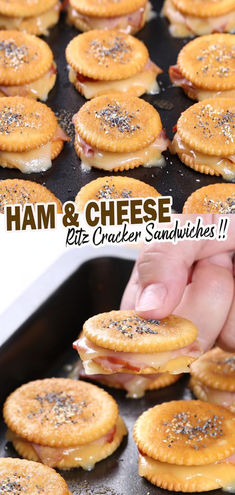 Ham And Cheese On Ritz Crackers, Ritz Ham And Cheese Sandwiches, Ham And Cheese Crackers, Ritz Cracker Ham And Cheese, Ritz Party Cracker Sandwiches, Ritz Cracker Party Sandwiches Recipes, Ritz Crackers Party Sandwiches, Cracker Toppings Ideas, Ritz Cracker Recipes Appetizers