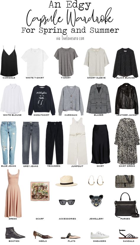 If you are interested in reading about finding your style that post can help you. If you already know it and than this how to build an edgy capsule wardrobe post might be for you. Edgy Minimalist Style Summer, Edgy Outfits Capsule, Anthropologie Capsule Wardrobe, Vintage Inspired Capsule Wardrobe, Edgy Work Outfits Women Summer, Edgy Work Capsule Wardrobe, Minimalist Edgy Outfits, Dark Summer Capsule Wardrobe, Spring Minimalist Wardrobe