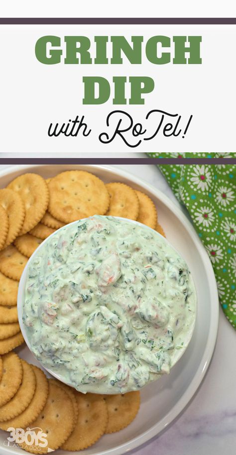 Check out this delicious Grinch Rotel Dip Snack Recipe! It's the perfect starter or appetizer for any Grinch-themed party. Dips like this are the best! Green Color Theme Party Snacks, Grinch Dip Recipe, Grinch Food Ideas Dinner, Green Snacks For Color Party, Grinch Christmas Food, Grinch Foods, Grinch Dip, Green Appetizer, Green Food Party