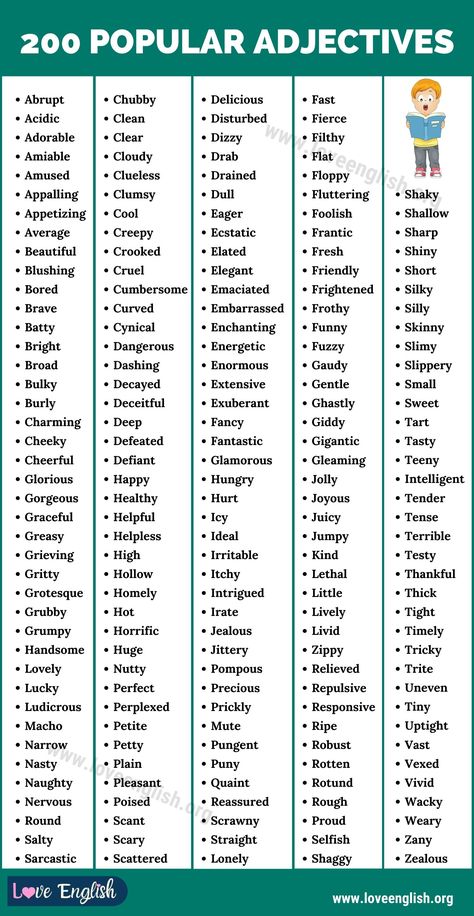 List of Adjectives: Learn List of 200 Popular Adjectives in English - Love English List Of Adjectives For Writing, Adjective Word List, Adjectives In English, Descriptive Adjectives, List Of Adjectives, Adjective Words, English Adjectives, English Language Learning Grammar, Essay Writing Skills