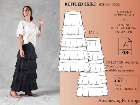 Skirt With Ruffles Sewing Pattern PDF Digital Sewing Pattern - Etsy Ruffle Skirt Pattern Free, Linen Skirt Pattern, Long Skirt Sewing Pattern, Ruffles Pattern, Skirt Pattern Free, Skirt With Ruffles, Skirt Sewing Pattern, Bernina Sewing, Skirt Sewing