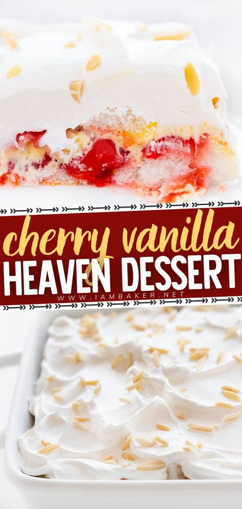 Cherry Vanilla Heaven Dessert is an angel food cake layered with cherries, vanilla pudding, and whipped cream! This light and fluffy dessert is easy to make and will be a favorite to share at a pot… More Pie, Pot Luck Desserts, Heaven Dessert, Vanilla Pudding Desserts, Chocolate Desserts Fancy, Vanilla Dessert, Angel Food Cake Desserts, Vanilla Desserts, Cherry Vanilla