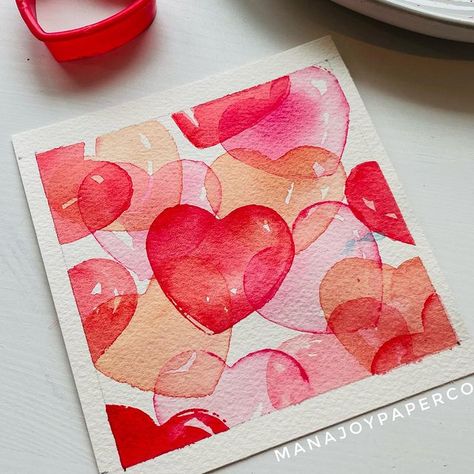 Here is the Tutorial for the juicy hearts! 水彩でジューシーなハートを描きました！ Step 1: Dip the cookie cutter in the paint or use your brush to spread the… | Instagram Water Colour Valentine’s Day Cards, Emotion Painting Feelings, Love Paintings Easy, Mini Art Ideas, Valentine Painting Ideas, Heart Painting Ideas, February Watercolor, Simple Watercolor Art, Heart Watercolor Painting